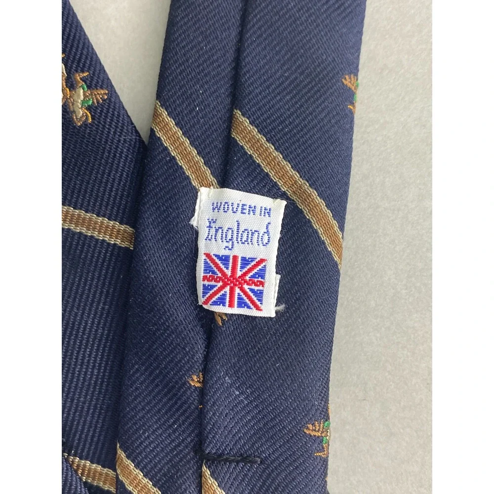 Robert Talbott‎ Mens Tie Navy Gold Silk Mallard Duck Stripe England 56x4